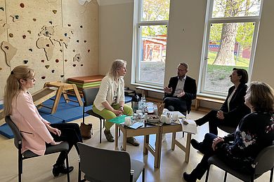 Gesprächsrunde beim Perspektivwechsel mit Katharina Krefft in der BBW-Kita "Gustav-Freytag-Straße 31"