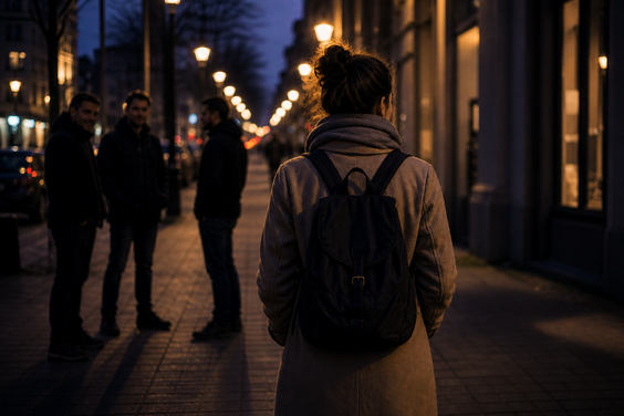 Eine Person mit Mantel, Schal und Rucksack läuft eine dunkle Straße entlang. Im Hintergrund sind Straßenlaternen und drei Personen zu sehen, die in einem lockeren Kreis auf dem Bürgersteig stehen. Die Personen sind im Dunkeln scher zu erkennen. Eine scheint die Person anzublicken, die wir von hinten sehen. Diese Person muss gleich an der Gruppe vorbeilaufen.