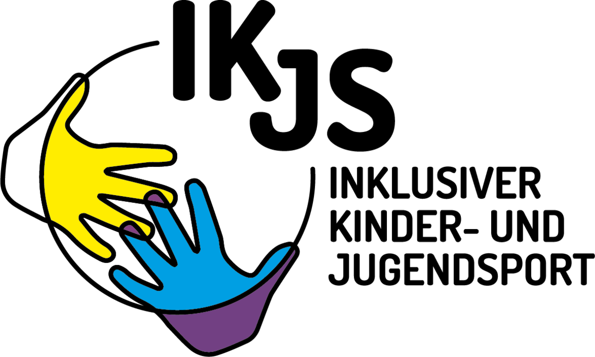 eine gelbe und eine blaue Hand umfassen eine Kugel in der oben rechts IKJS steht und rechts unten inklusiver Kinder und Jugendsport