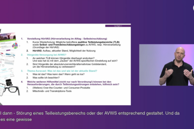 Screenshot des AVWS-Fachtags-Screens mit Präsentationsfolie, Dozentenbild sowie Untertitel des im Spotlight 5. 