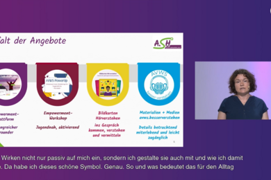 Screenshot des AVWS-Fachtags-Streams aus Spotlight 4_rechts ist die Dozentin zu sehen und links ist die Präsentationsfolie mit der Überschrift "Vielfalt der Angebote" mit darunterliegenden 4 Symboöen und Logos zu sehen. 