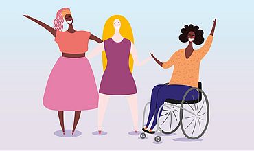 Illustration von drei positiv gestimmten Frauen, zwei Frauen stehen, eine Frau sitzt im Rollstuhl.