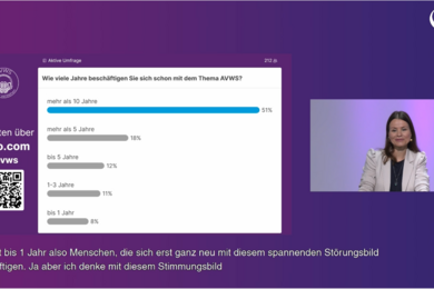 Lilafarbiger Screenshot des AVWS-Fachtags-Screens. Rechts ist in einem kleinen Bild die Dozentin zu sehen. In der Mitte ist die Präsentation mit einem Balkendiagramm aus blauen und grauen Linien zu sehen. 