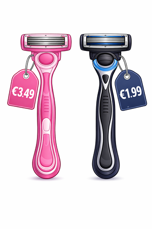 Zwei Nassrasierer nebeneinander in einer Illustration. Der linke Rasierer ist pink und hat ein Preisschild von 3,49 €, der rechte Rasierer ist schwarz. An ihm hängt ein Preisschild für 1,99 €.