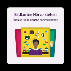 Es ist ein schwarzes Quadrat zu sehen, auf dem ein weiß unterlegtes Etikett sichtbar ist. Auf diesem Etikett sind 3 Bildkarten angedeutet mit dem Titel: "Bildkarten Hörverstehen" und dem Untertitel "Impulse für gelungene Kommunikation"