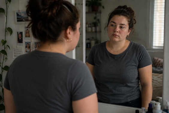 Das Foto zeigt eine Person von hinten, die nachdenklich in einen Spiegel blickt. Sie trägt die Haare als Dutt und hat ein graues TShirt an. Das Bild wirkt nachdenklich bis traurig.