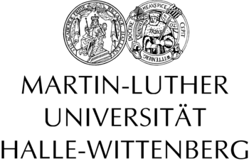Logo der Martin-Luther-Universität Halle-Wittenberg. Oben das Doppelsiegel, das die Vereinigung beider Universitäten symbolisiert, unten der Schriftzug