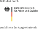 Logo des BMAS. Oben die Worte "Gefördert durch:", darunter links der Bundesadler, in der Mitte eine vertikale schwarz-rot-goldene Trennlinie und rechts die ausgeschriebene Bezeichnung: "Bundesministerium für Arbeit und Soziales"