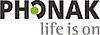 Logo von Phonak, oben das Wort "Phonak", unten der Slogan "life is on"