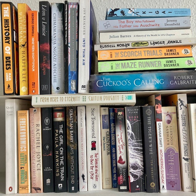 Ein Bücherregal mit englischen Büchern.